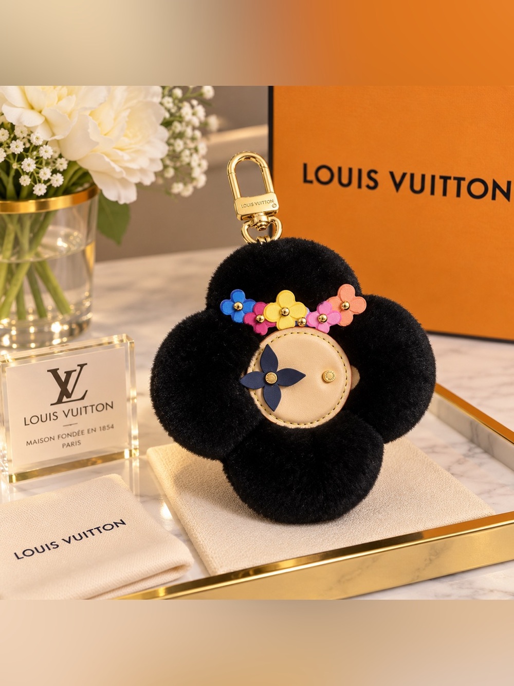 Floral Pom Keychain Charm - Black with Multicolor Flowers